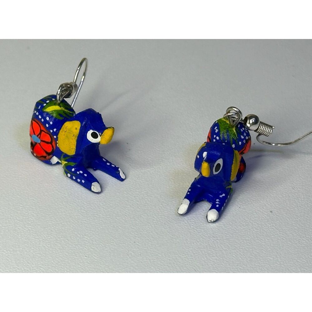 Blue Toucan Alebrije Earrings Hand Carved Painted Wood Oaxaca Mexican Folk Art